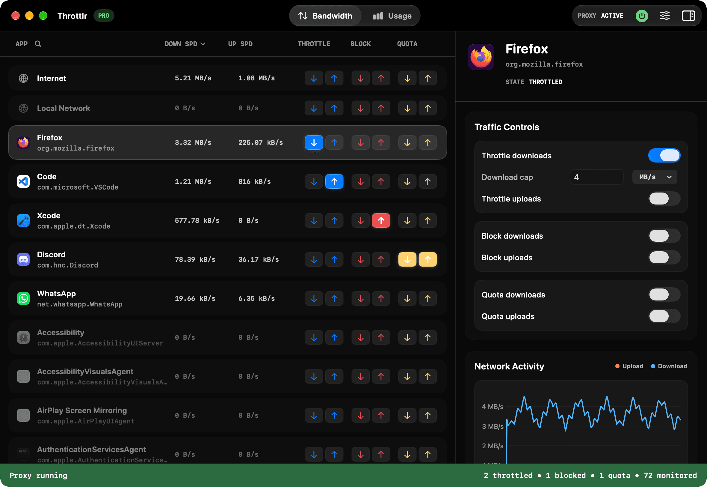 Throttlr dashboard in dark mode with per-app upload and download bandwidth controls