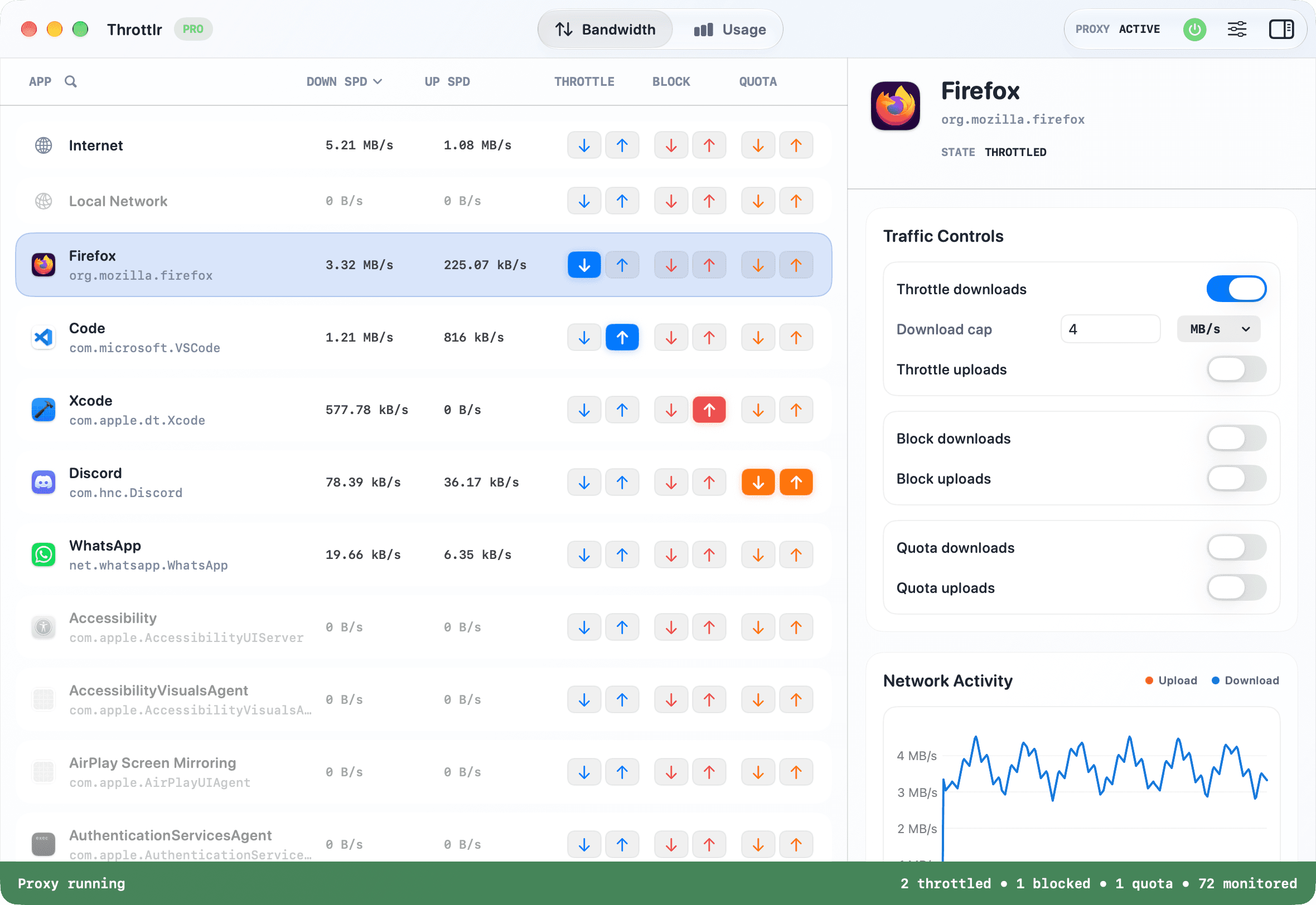 Throttlr dashboard in light mode with per-app upload and download bandwidth controls